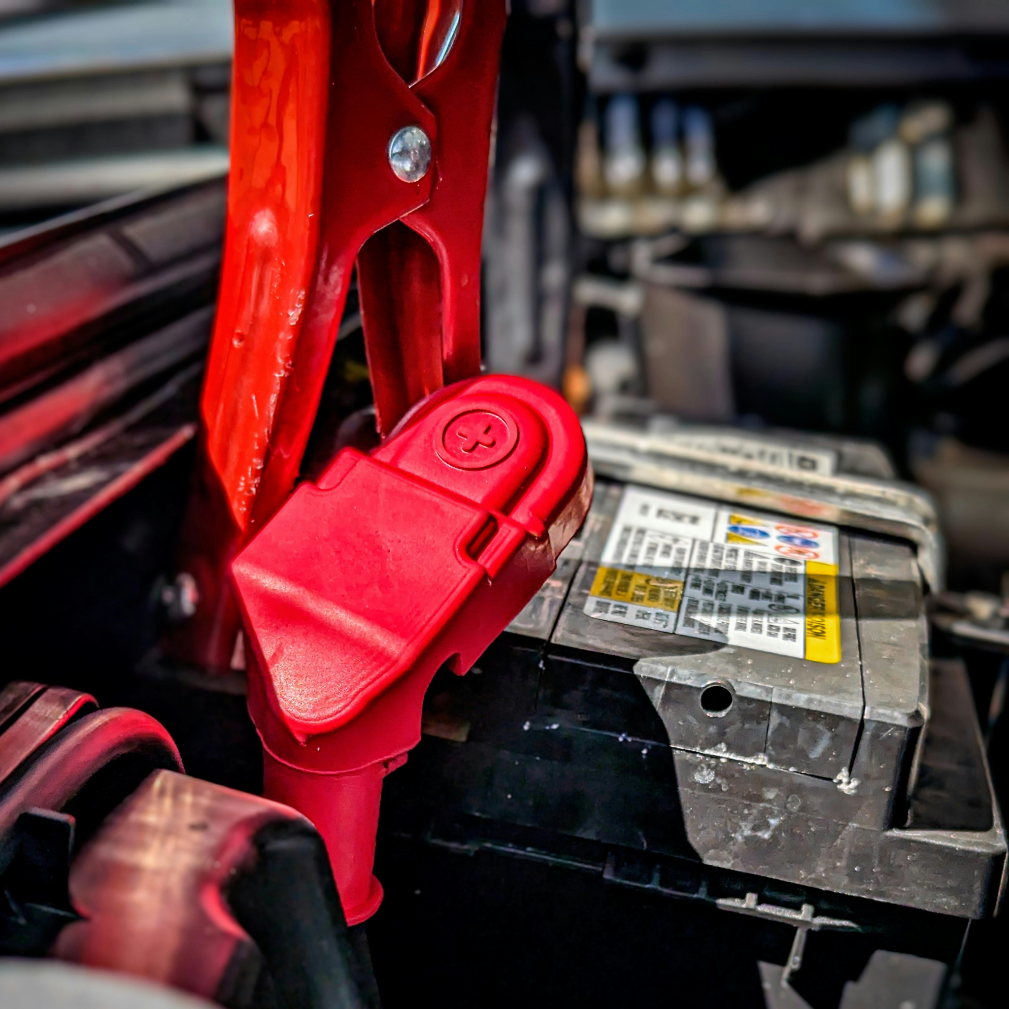 Red jumper cables connected to BMW car battery - Weak Battery Check diagnostic service at Bimmer Tech in Los Angeles and Orange County