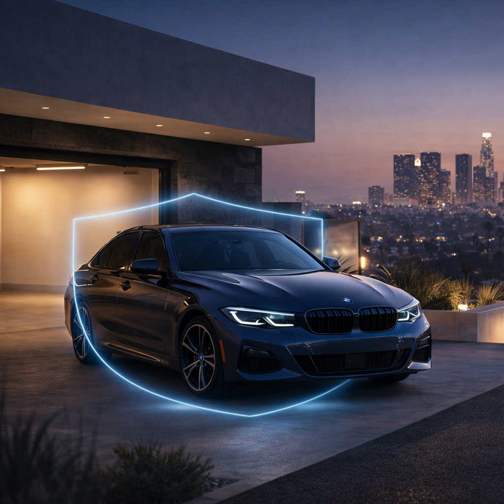 Dark blue BMW 3-Series with LED lighting at luxury Los Angeles home at dusk - Care Plan Pro Elite Shield premium maintenance package at Bimmer Tech
